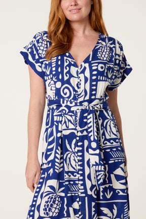 Palm Print Tie Waist Midi Dress