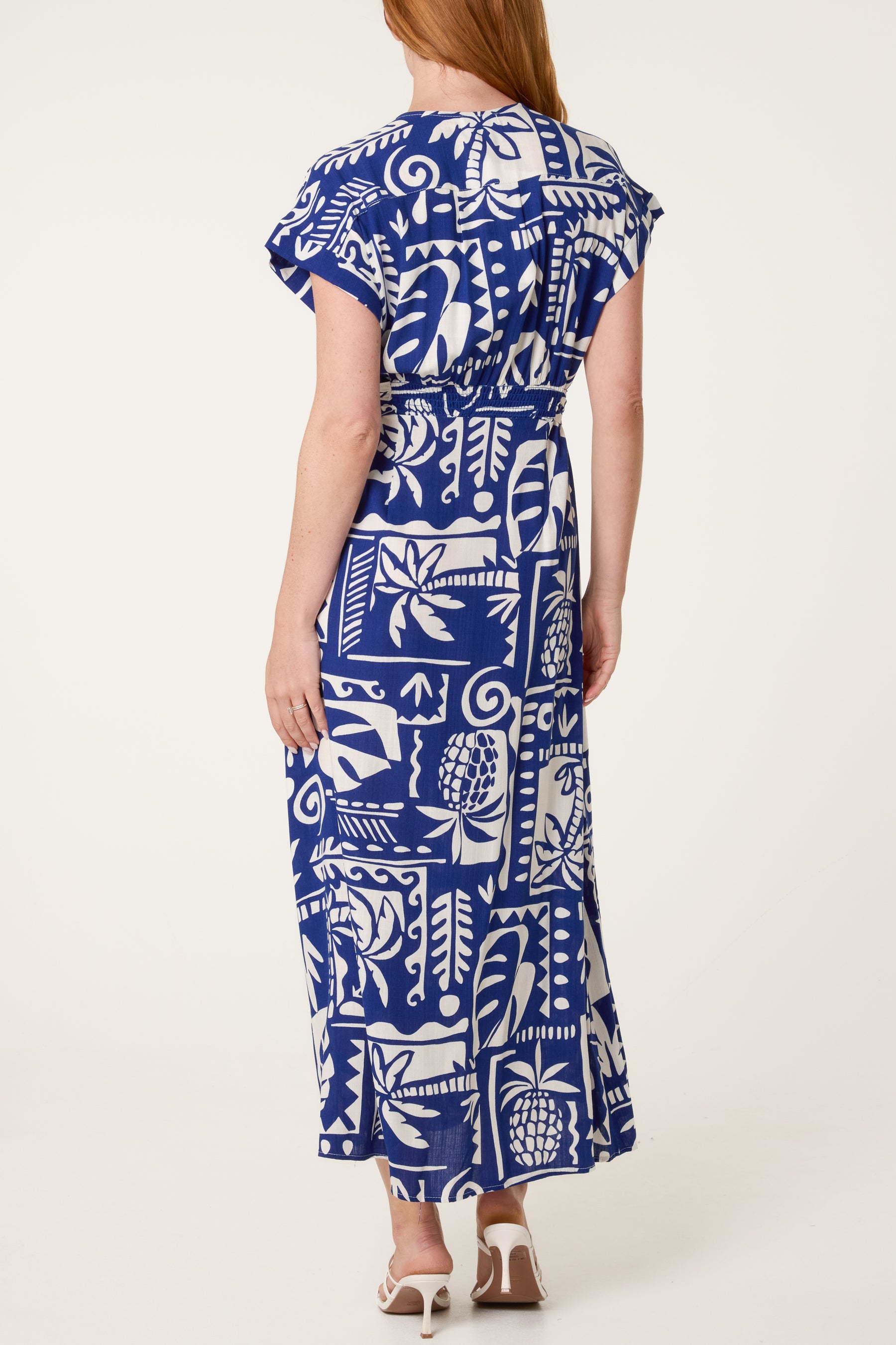Palm Print Tie Waist Midi Dress