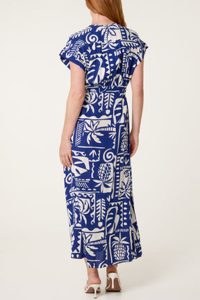 Palm Print Tie Waist Midi Dress