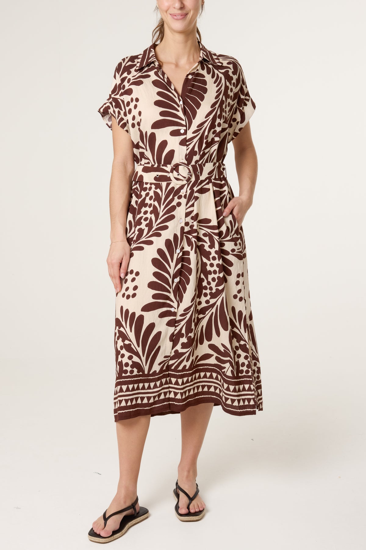Tropical Leaf Print Belted Dress