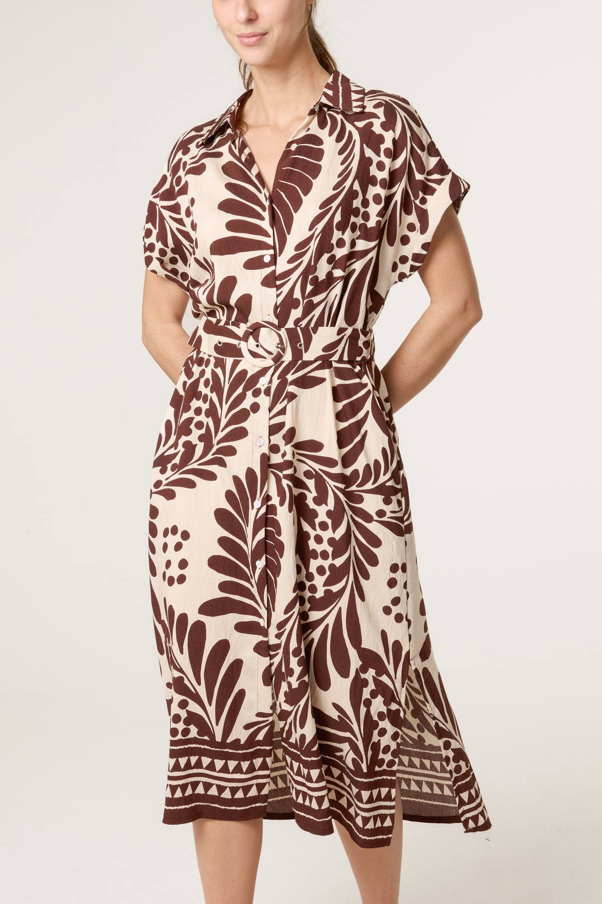 Tropical Leaf Print Belted Dress