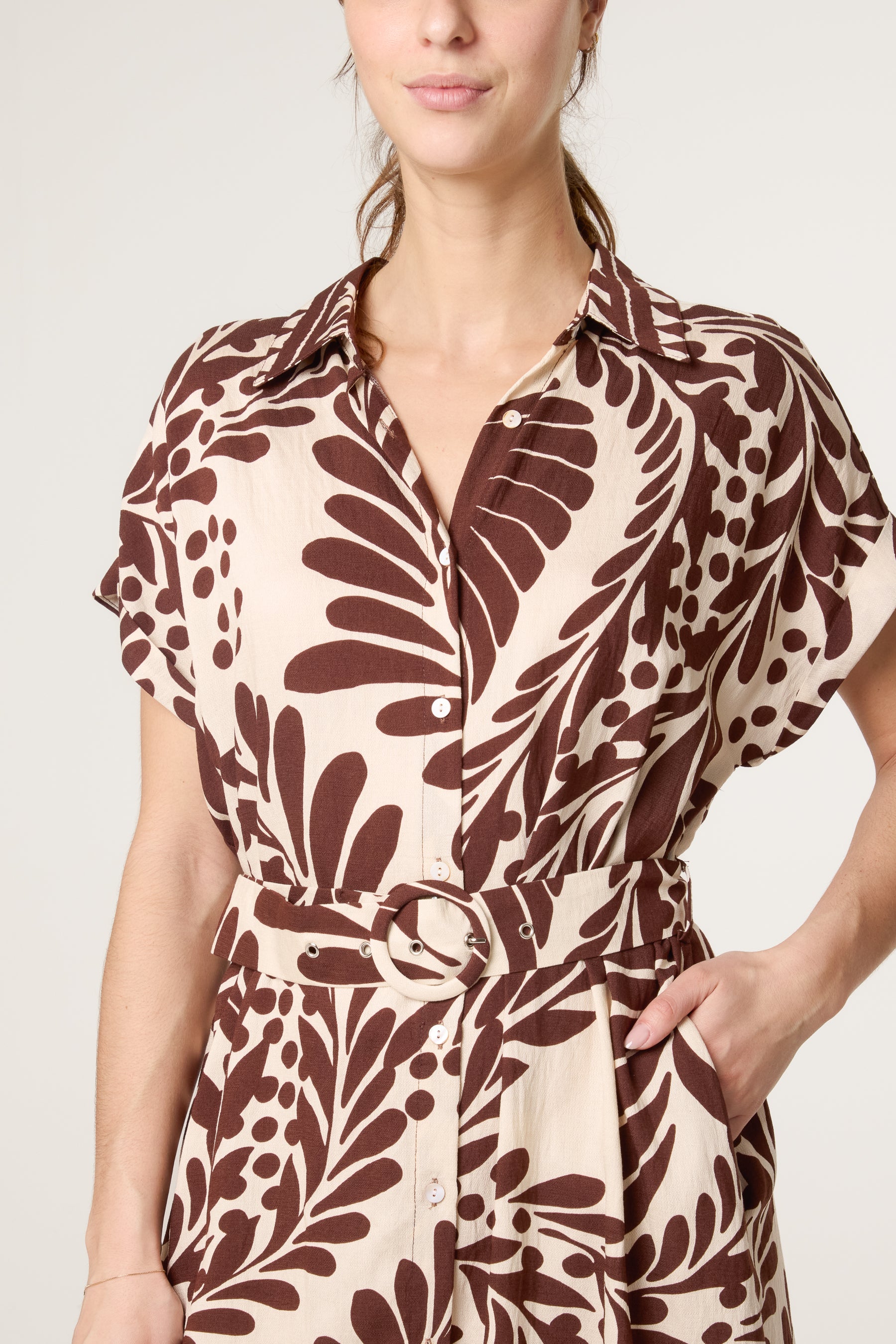Tropical Leaf Print Belted Dress