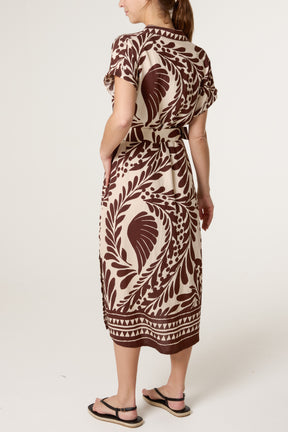 Tropical Leaf Print Belted Dress