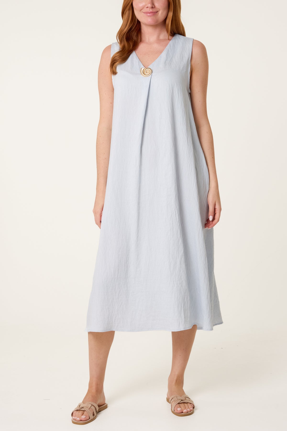 Gold Button V-Neck Tunic Dress