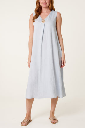 Gold Button V-Neck Tunic Dress