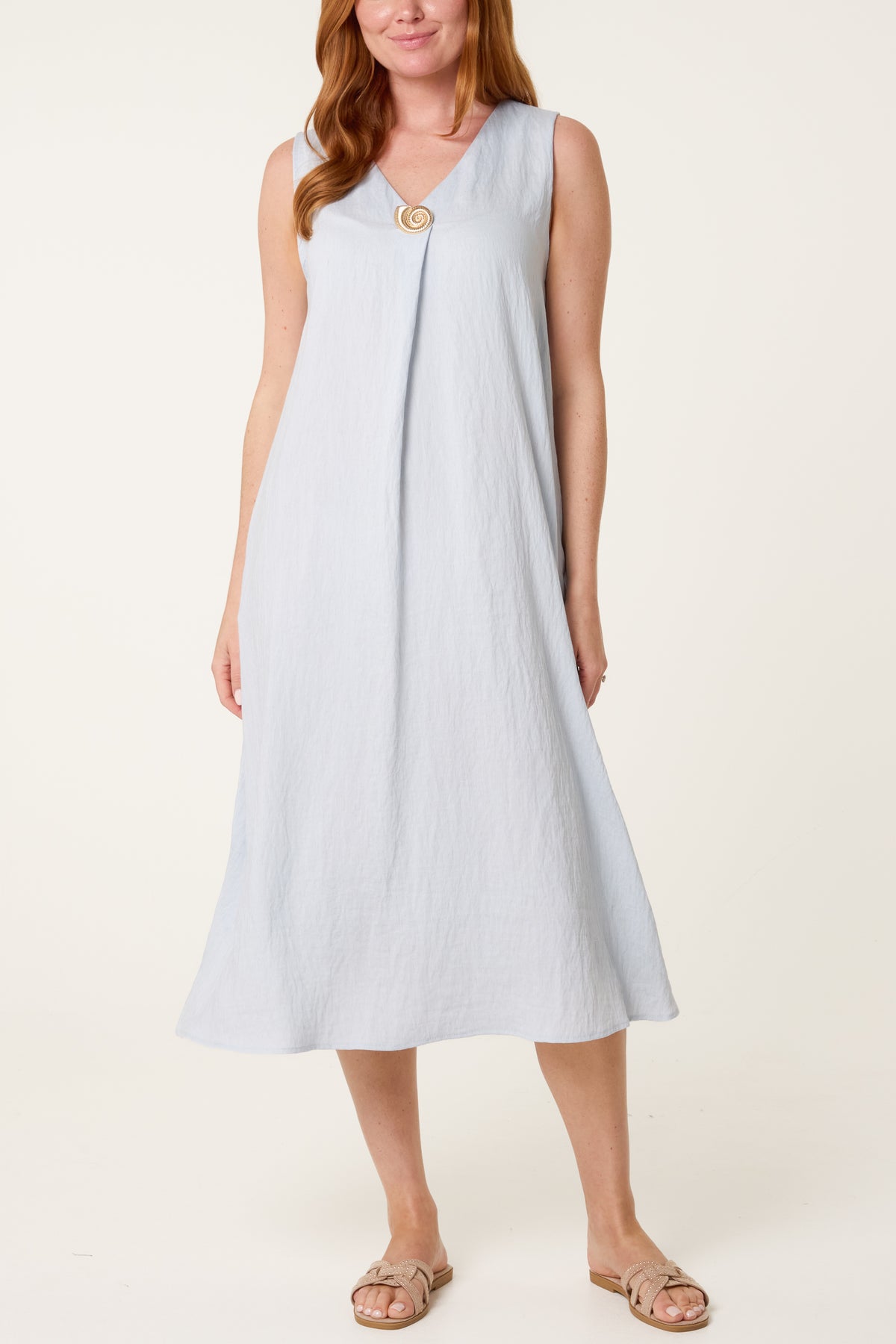 Gold Button V-Neck Tunic Dress