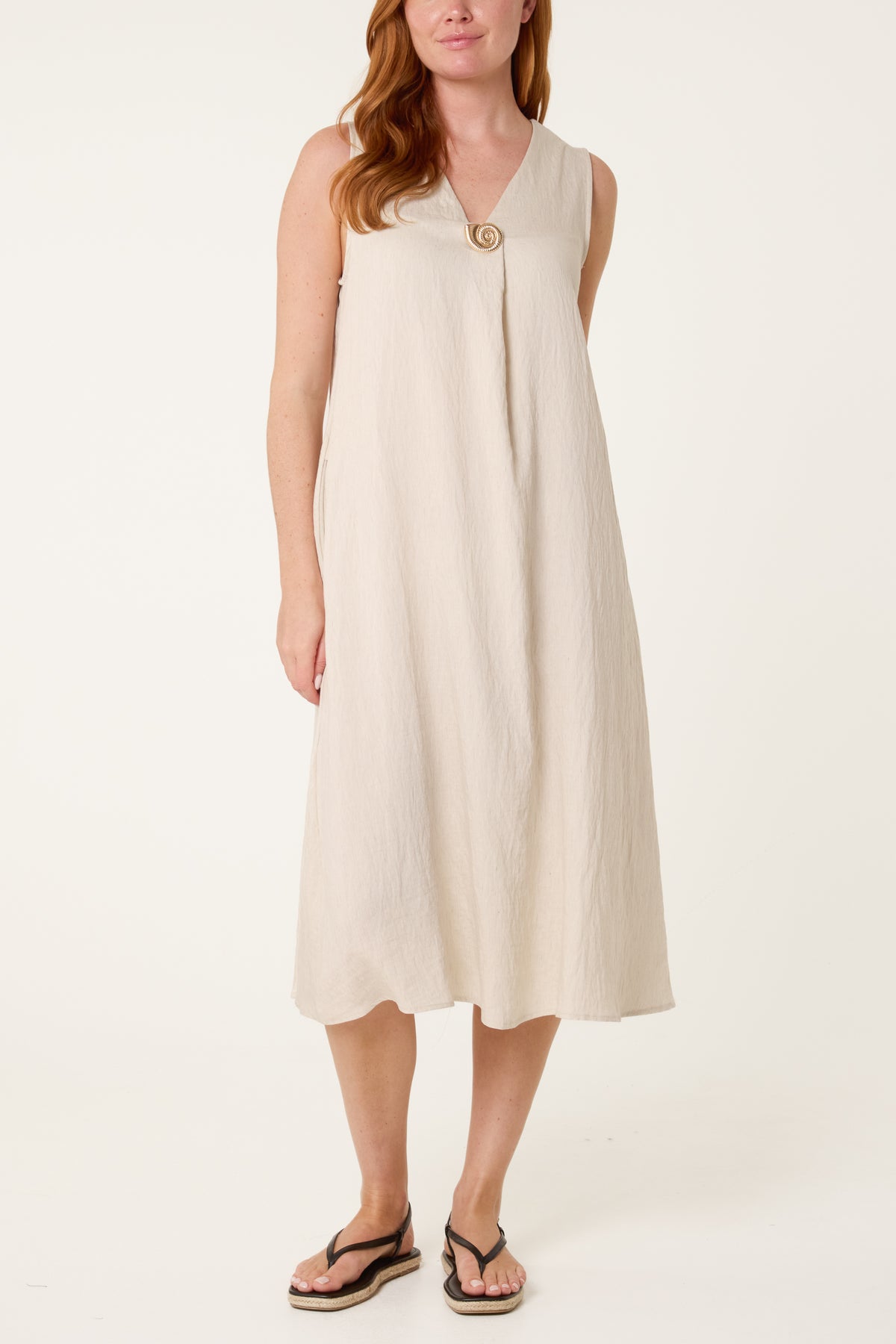 Gold Button V-Neck Tunic Dress