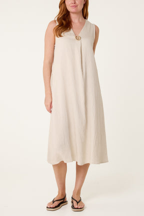 Gold Button V-Neck Tunic Dress