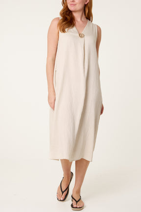Gold Button V-Neck Tunic Dress