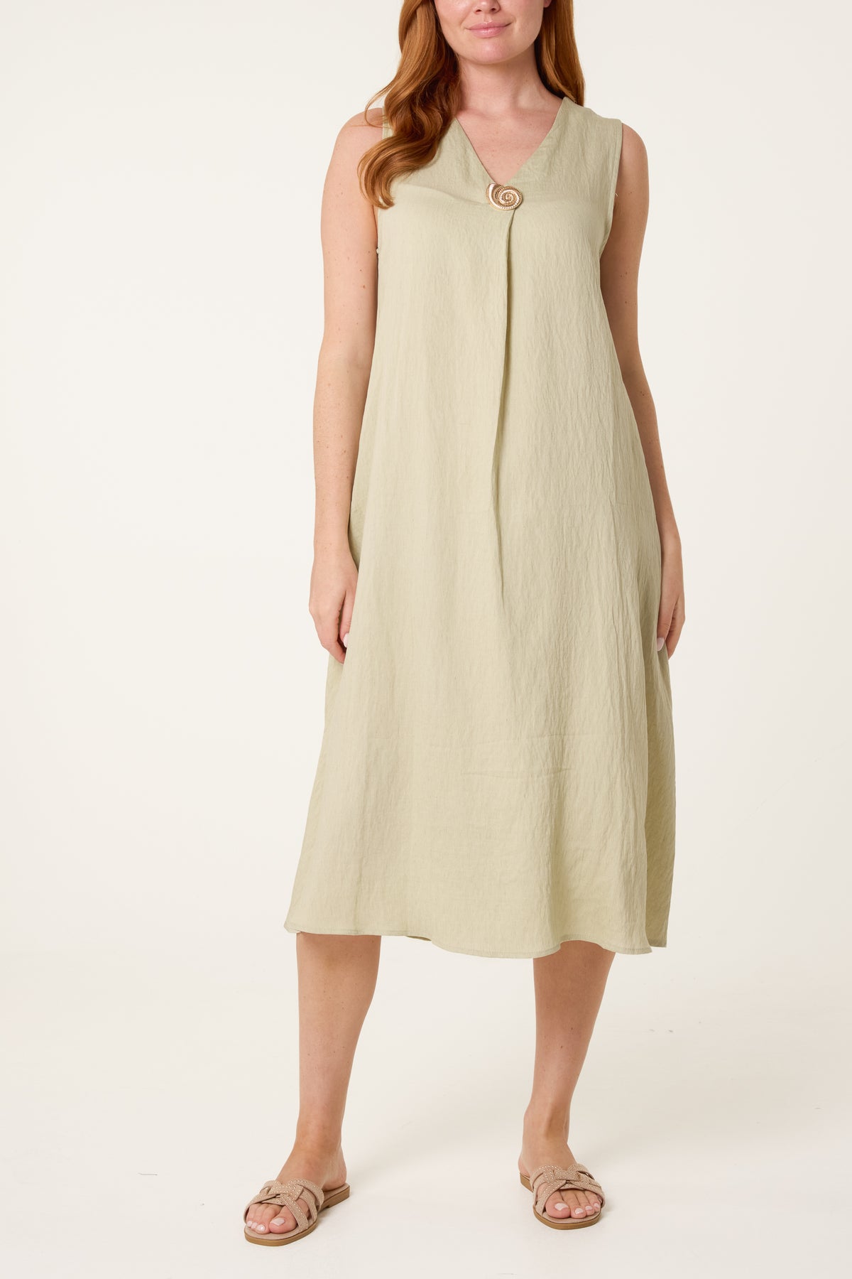 Gold Button V-Neck Tunic Dress