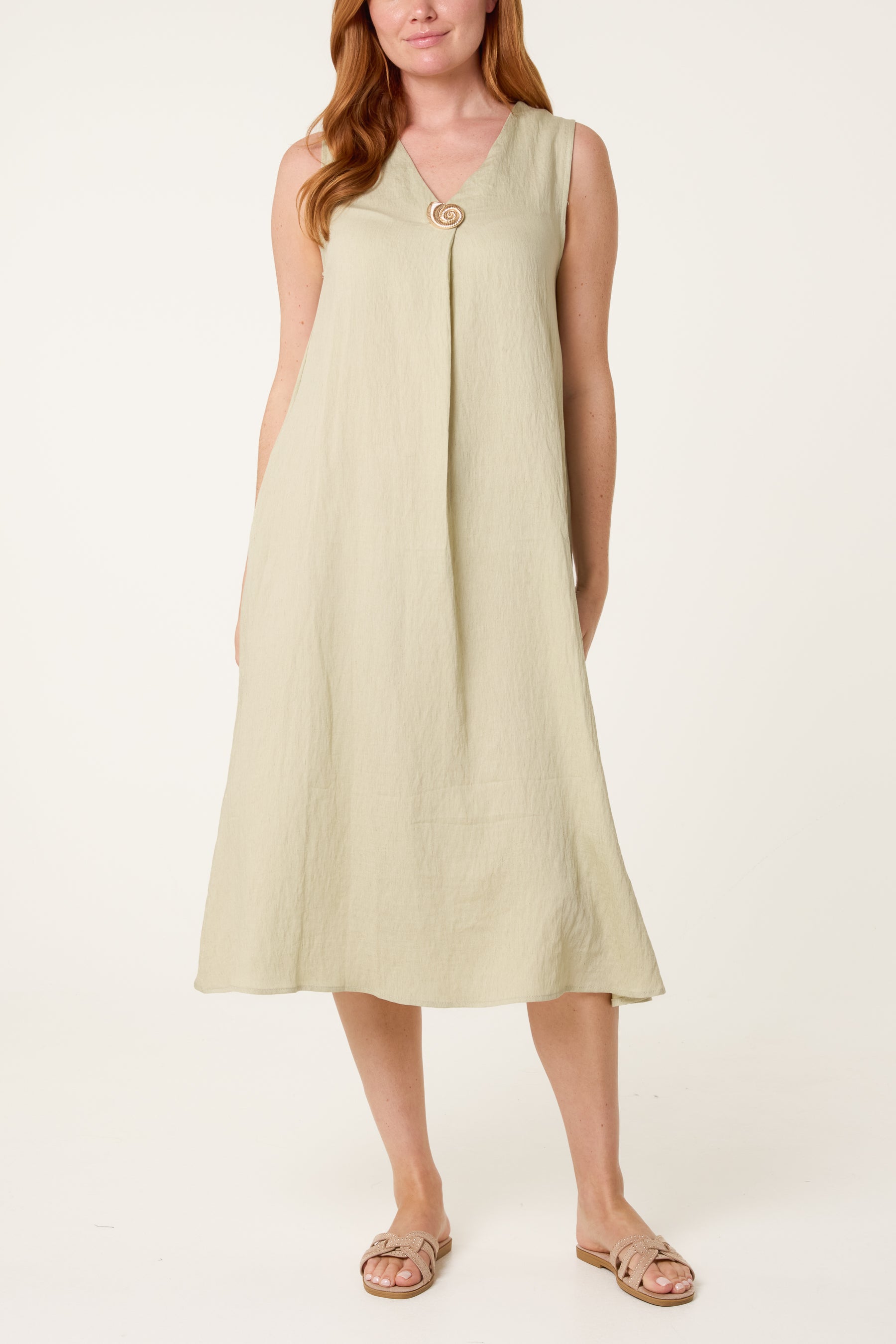 Gold Button V-Neck Tunic Dress