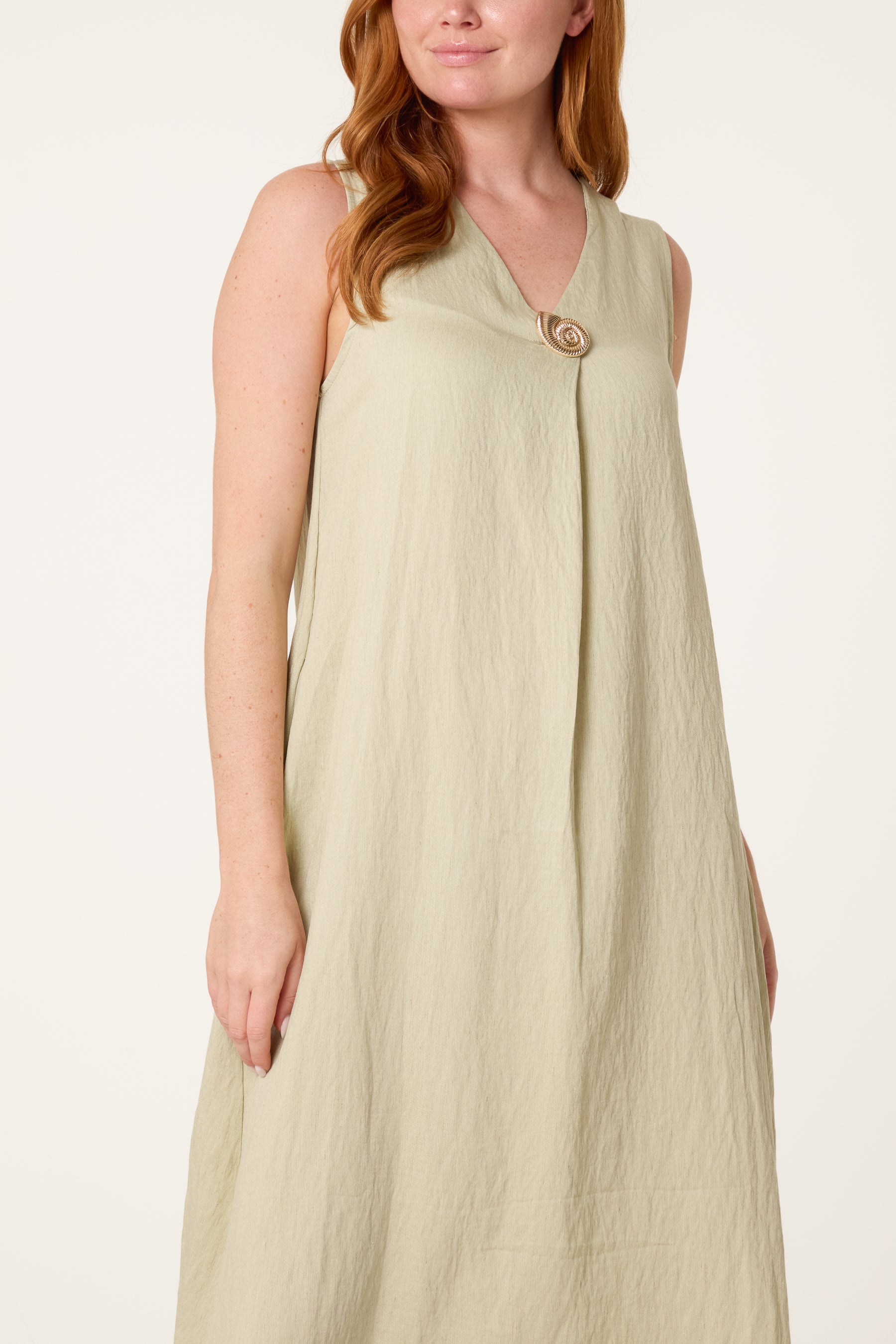 Gold Button V-Neck Tunic Dress