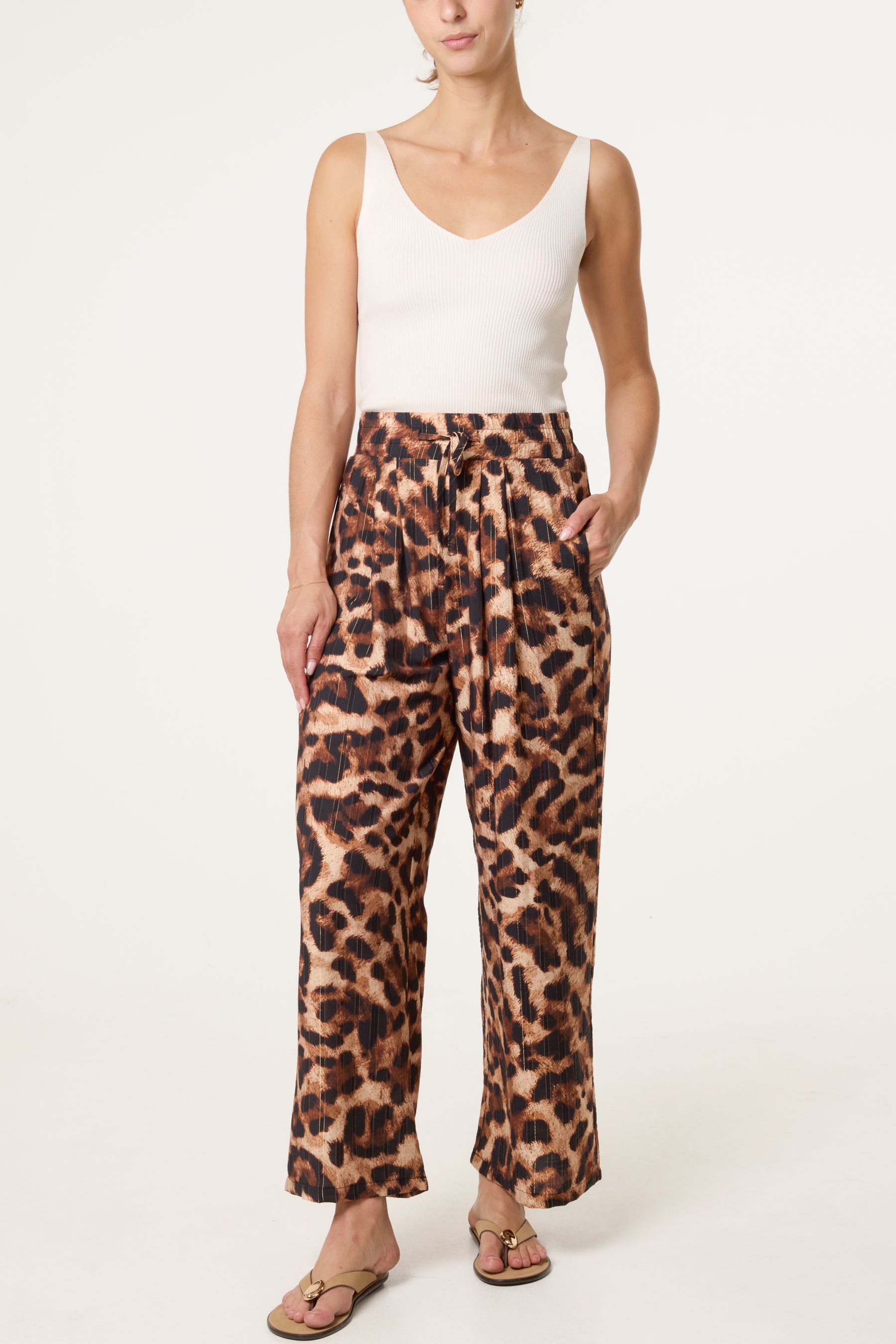 Metallic Stripes Leopard Print Wide Leg Trousers