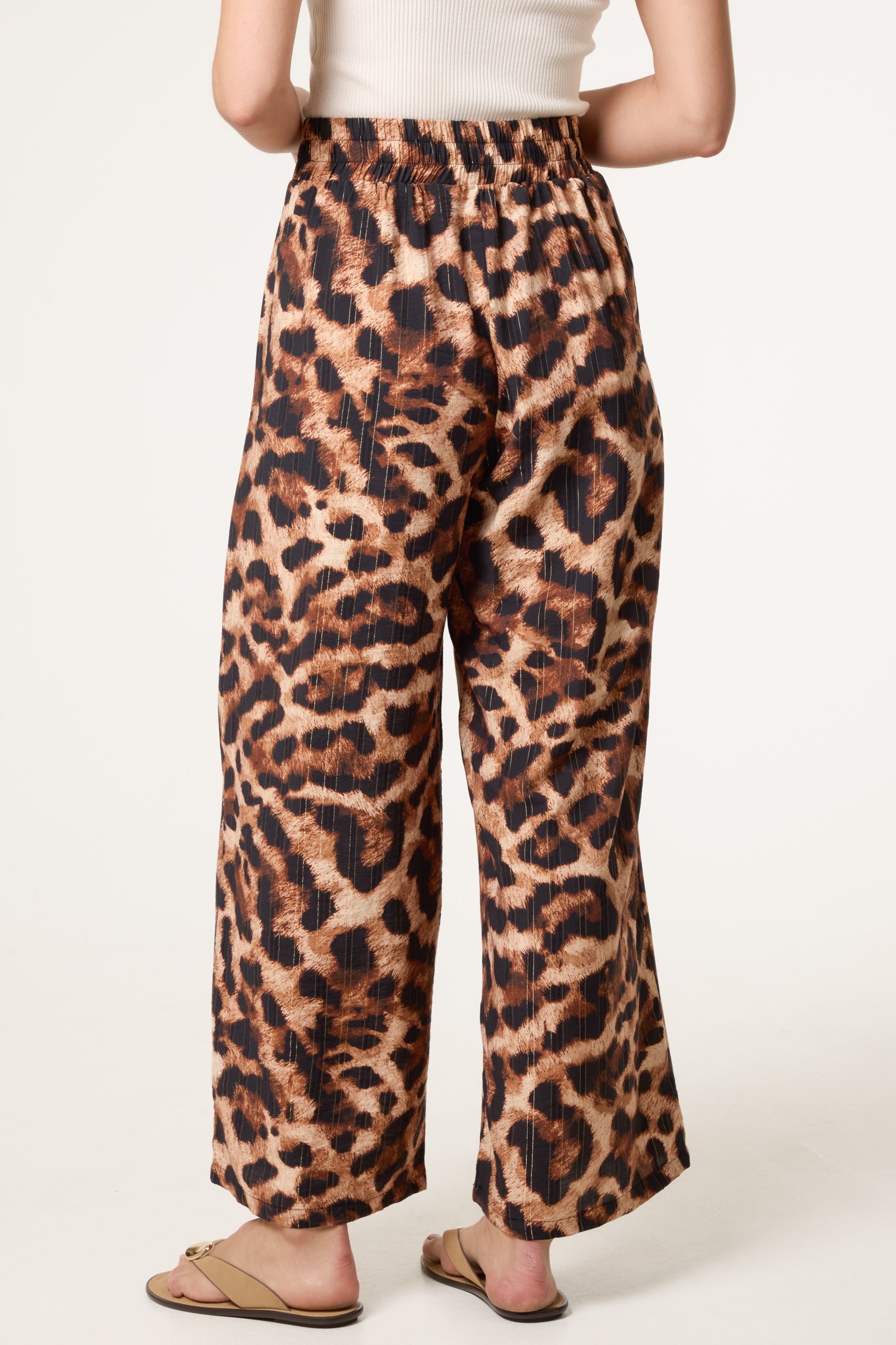 Metallic Stripes Leopard Print Wide Leg Trousers