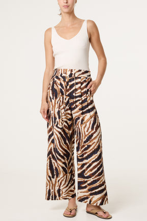 Tiger Print With Metallic Detail Drawstring Wide Leg Trousers