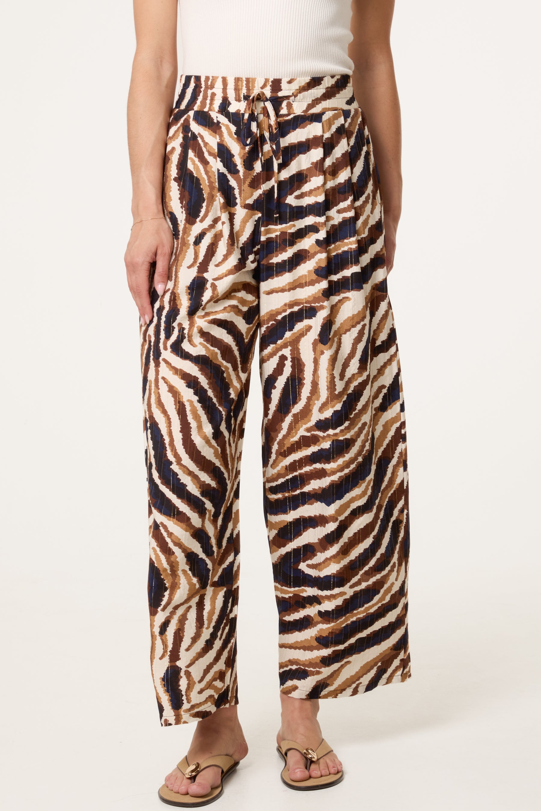 Tiger Print With Metallic Detail Drawstring Wide Leg Trousers