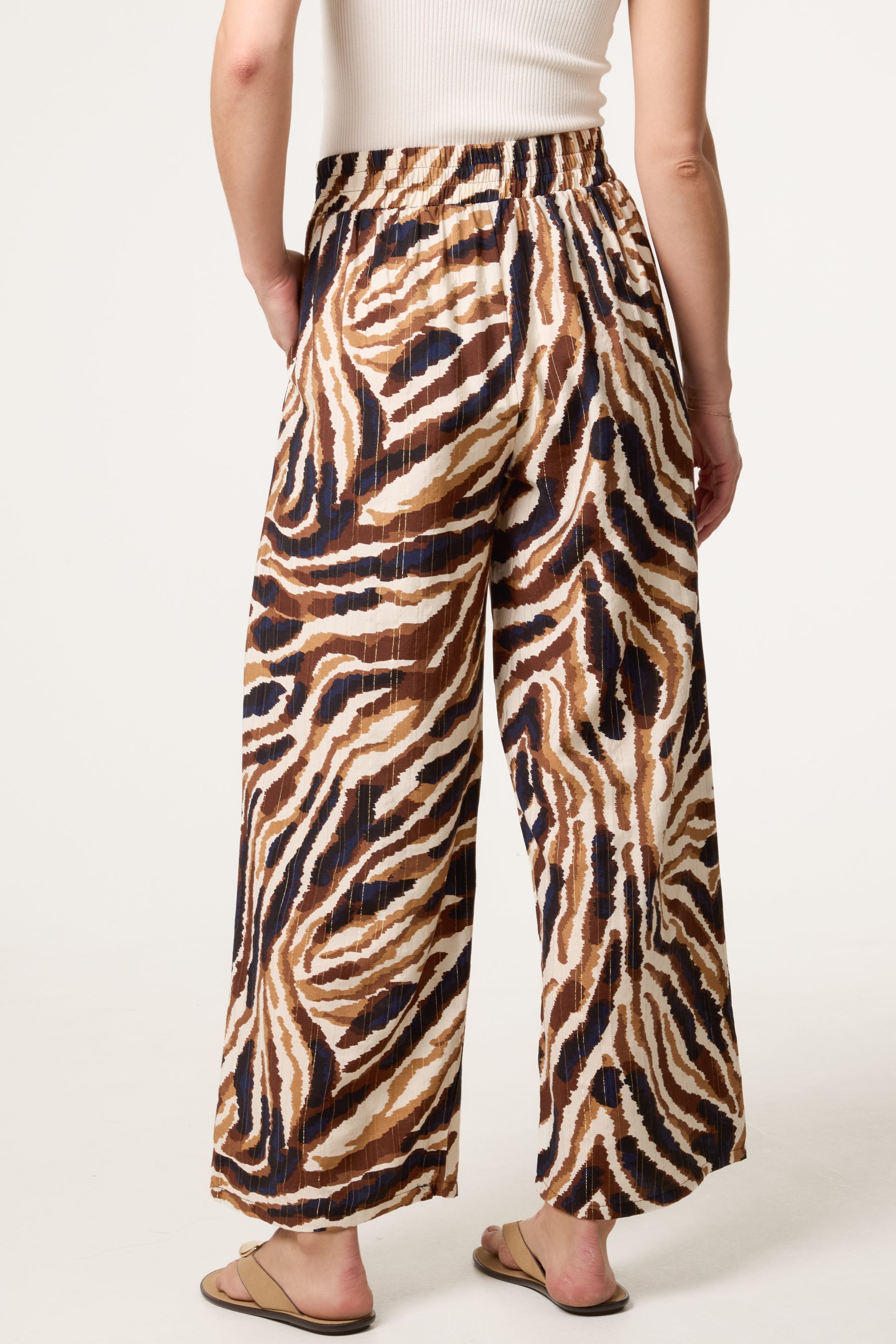 Tiger Print With Metallic Detail Drawstring Wide Leg Trousers