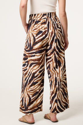 Tiger Print With Metallic Detail Drawstring Wide Leg Trousers