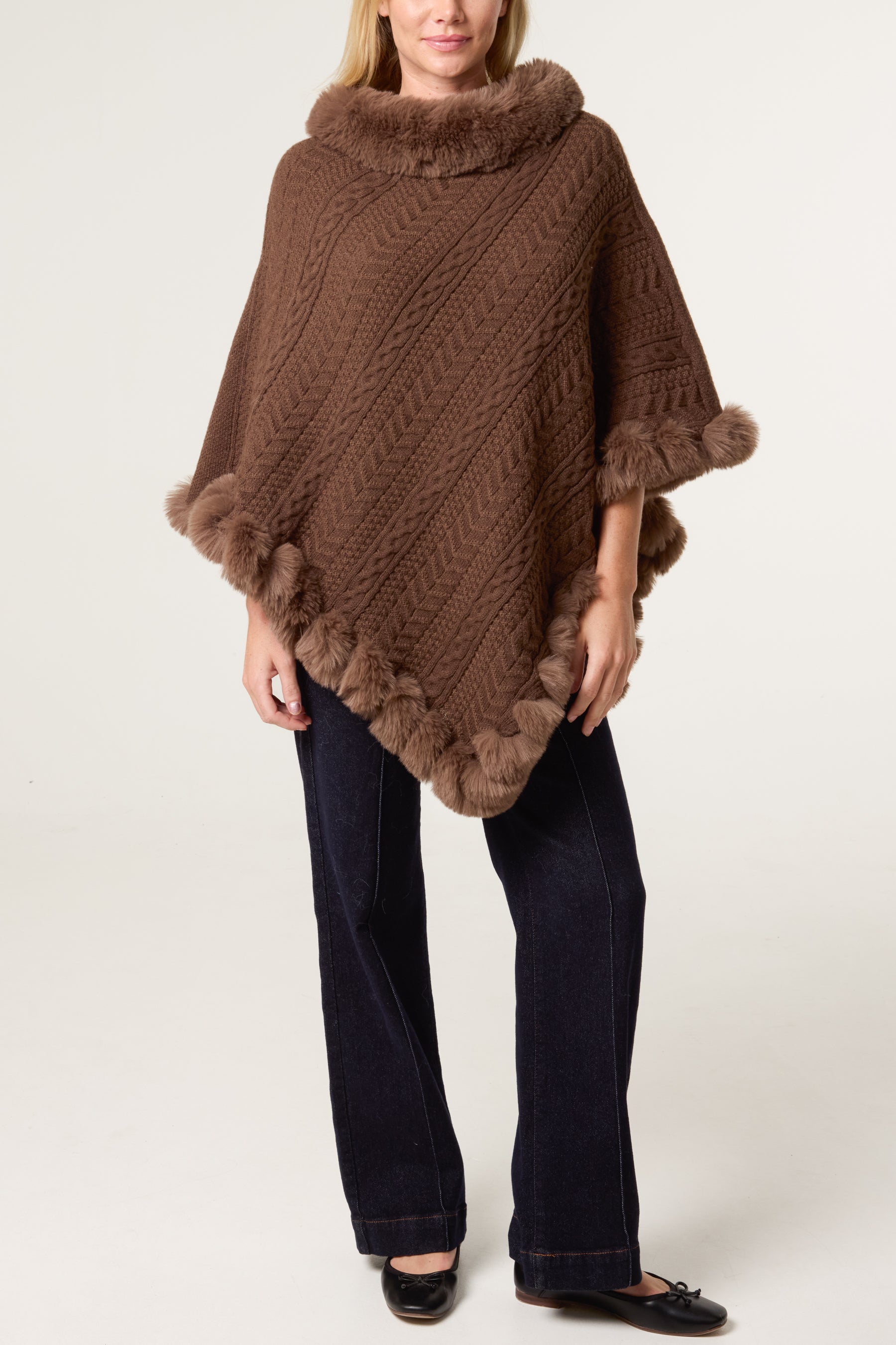 Faux Fur Collar & Trim Knit Poncho