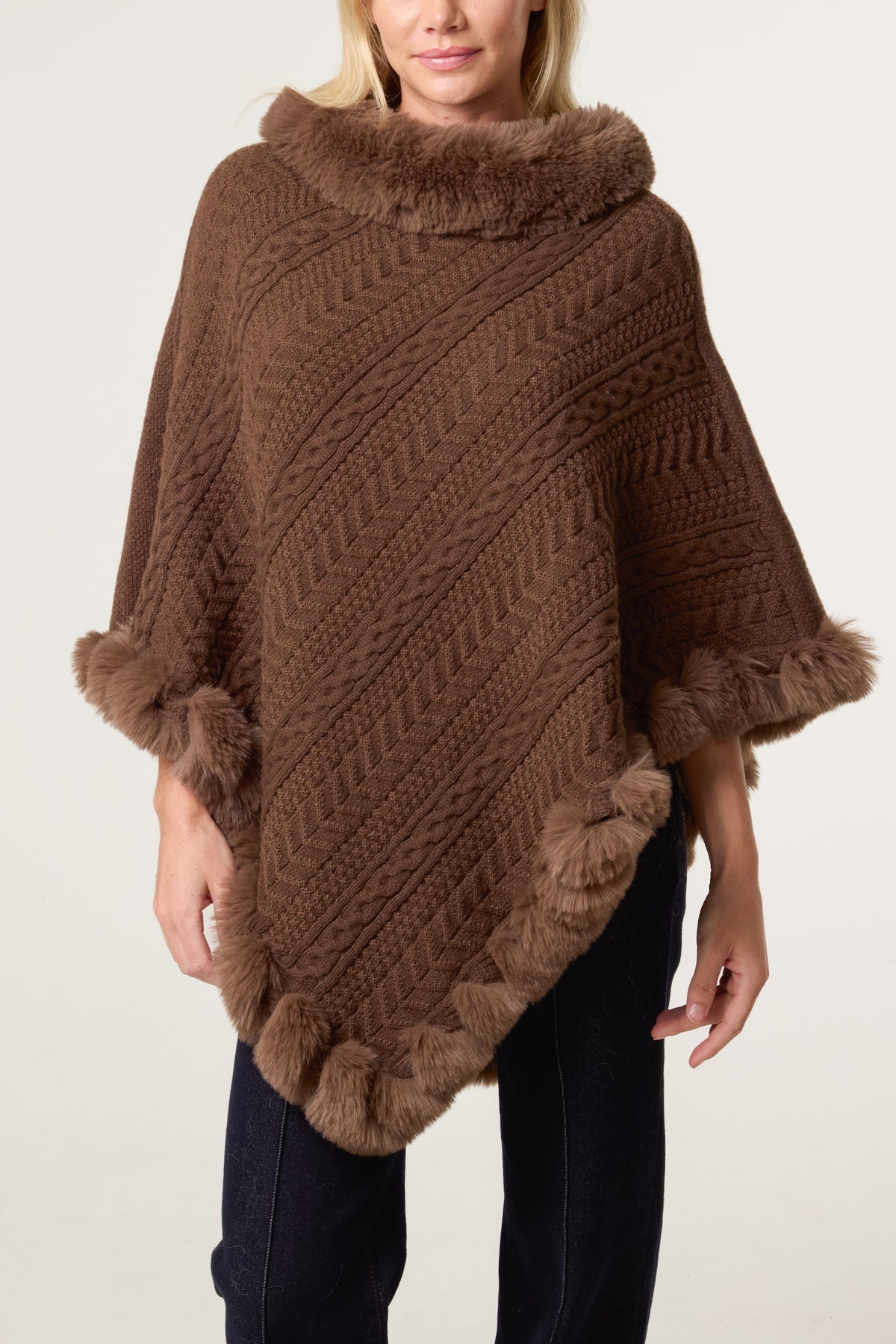 Faux Fur Collar & Trim Knit Poncho