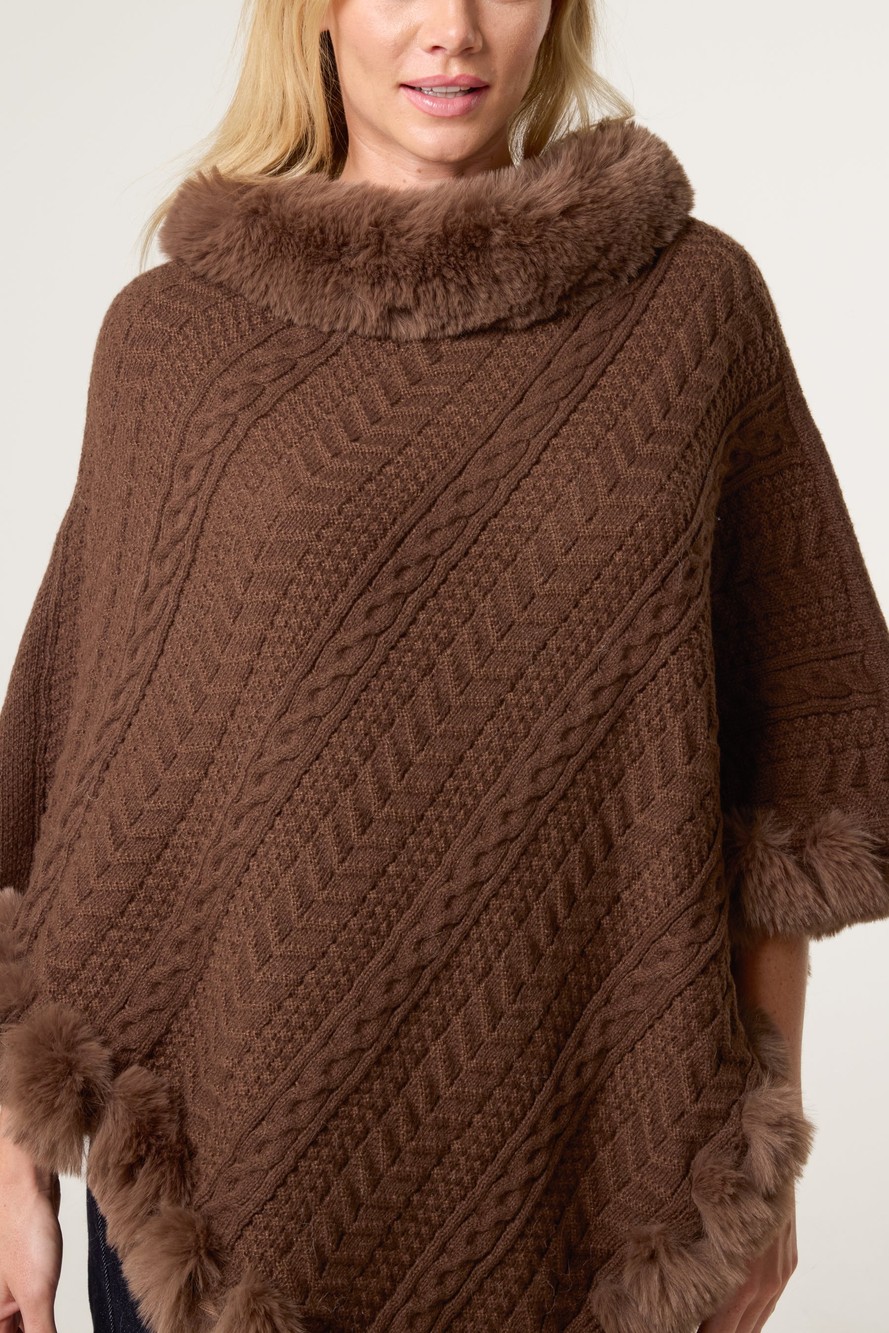 Faux Fur Collar & Trim Knit Poncho