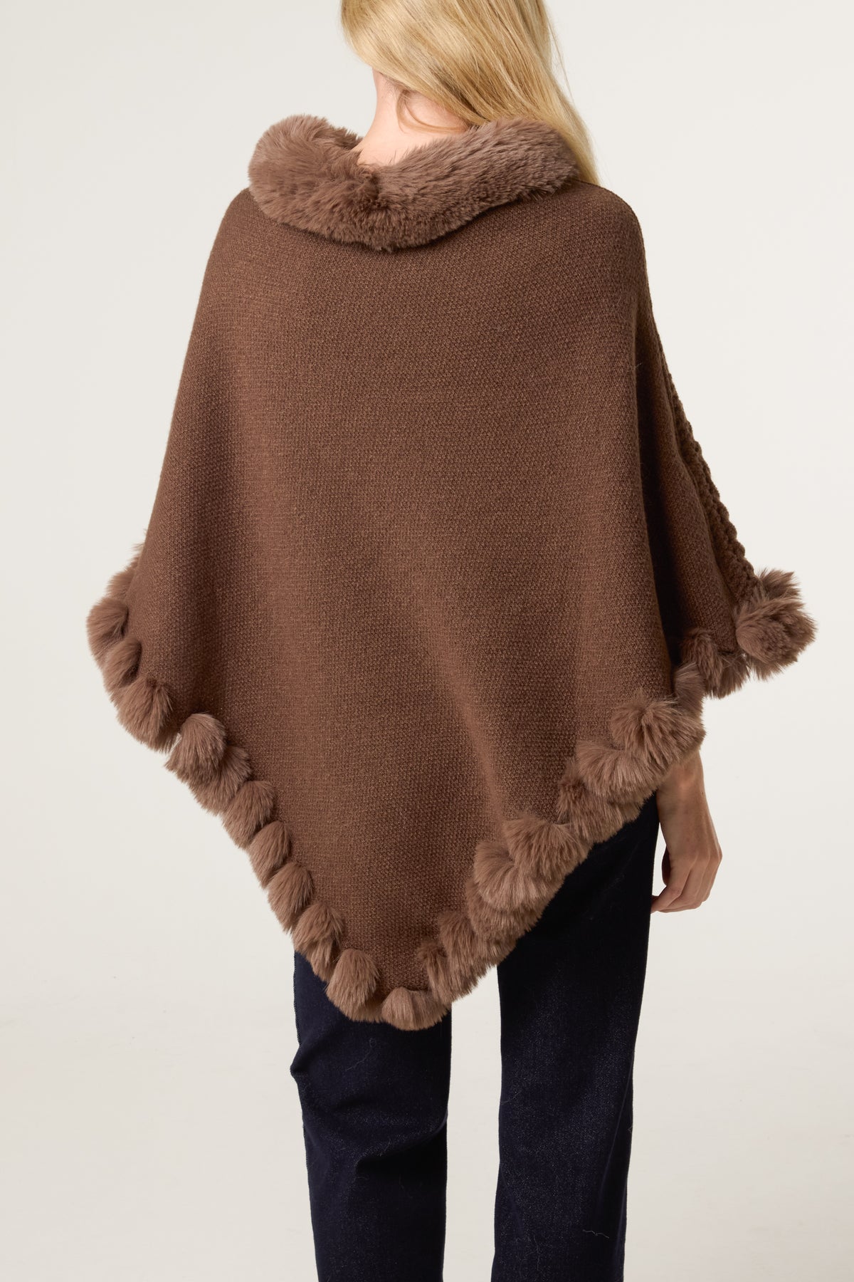 Faux Fur Collar & Trim Knit Poncho