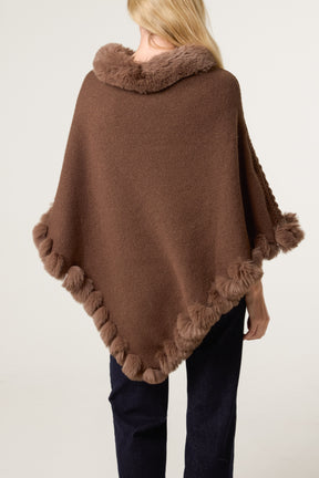 Faux Fur Collar & Trim Knit Poncho