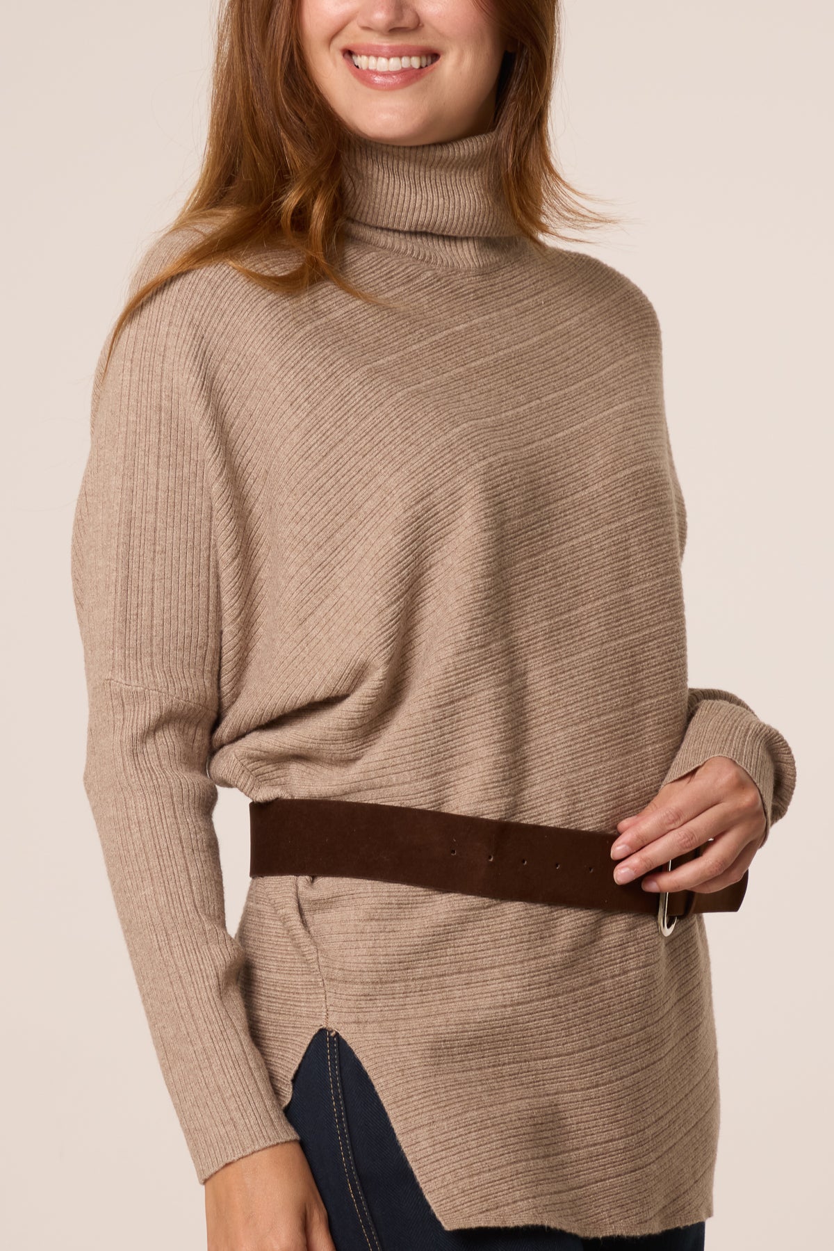 High Neck Belt Detail Knit Top