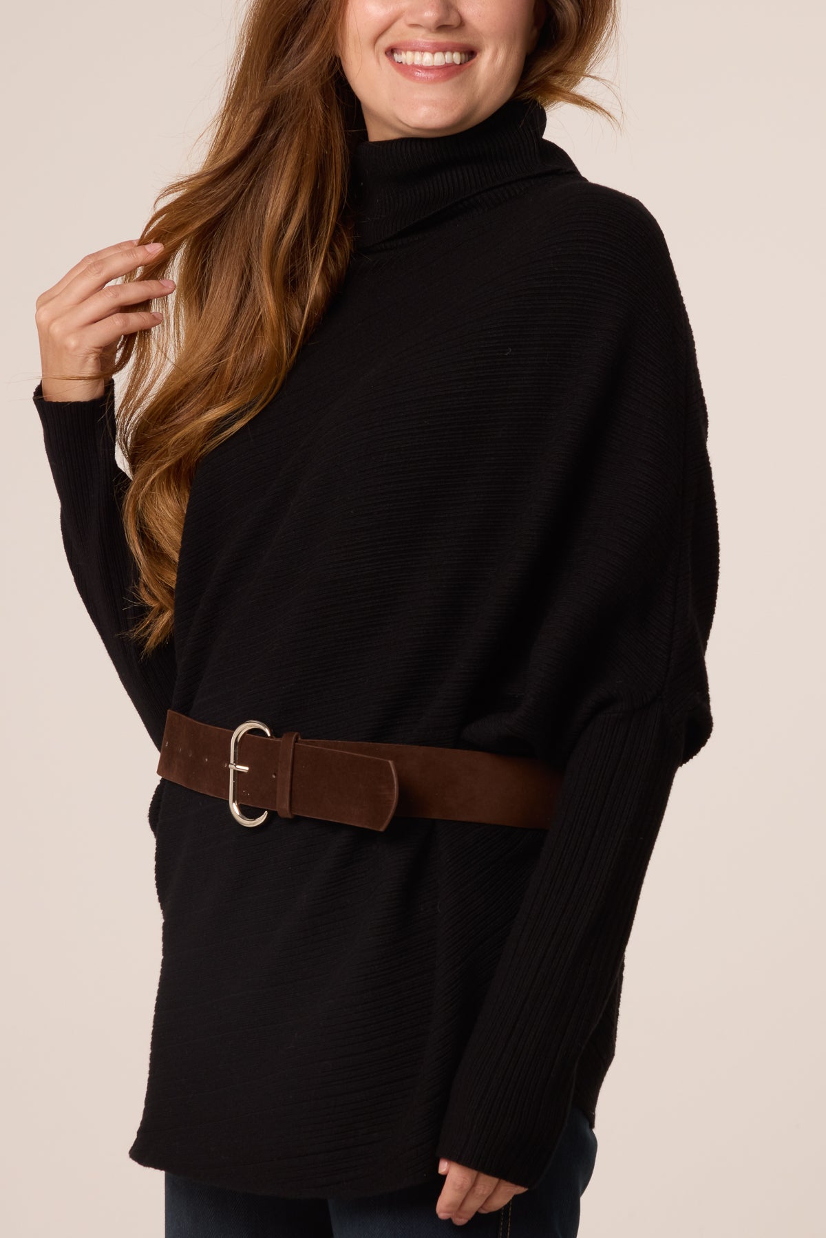 High Neck Belt Detail Knit Top