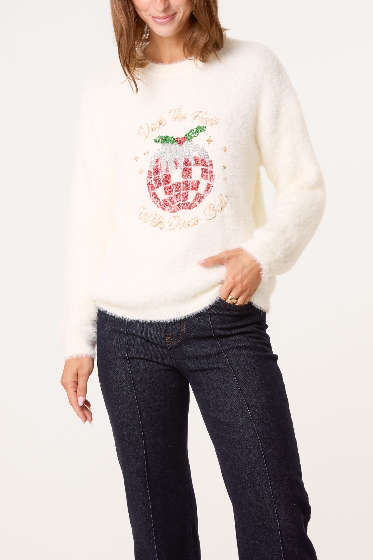 Sequin Xmas Disco-Pudding Fluffy Jumper