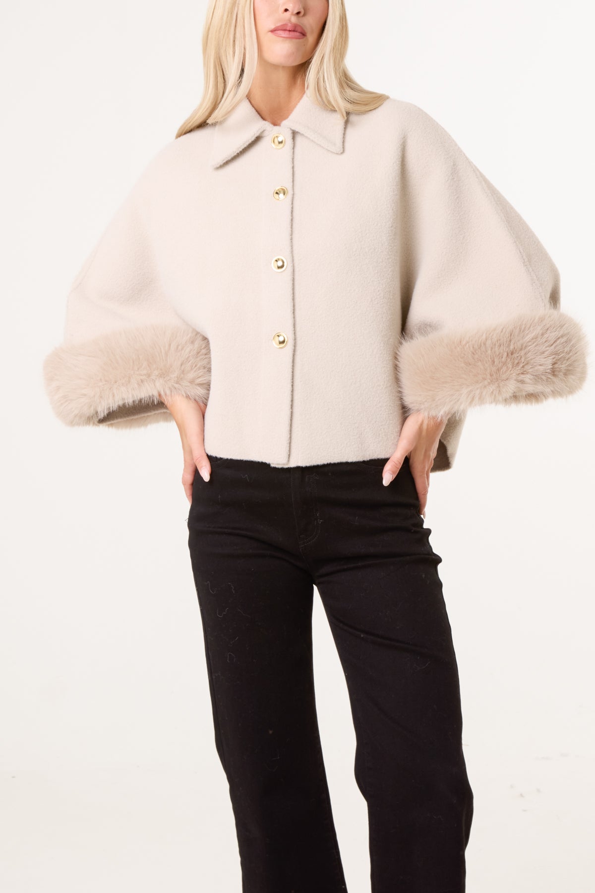Golden Buttons Faux Fur Cape