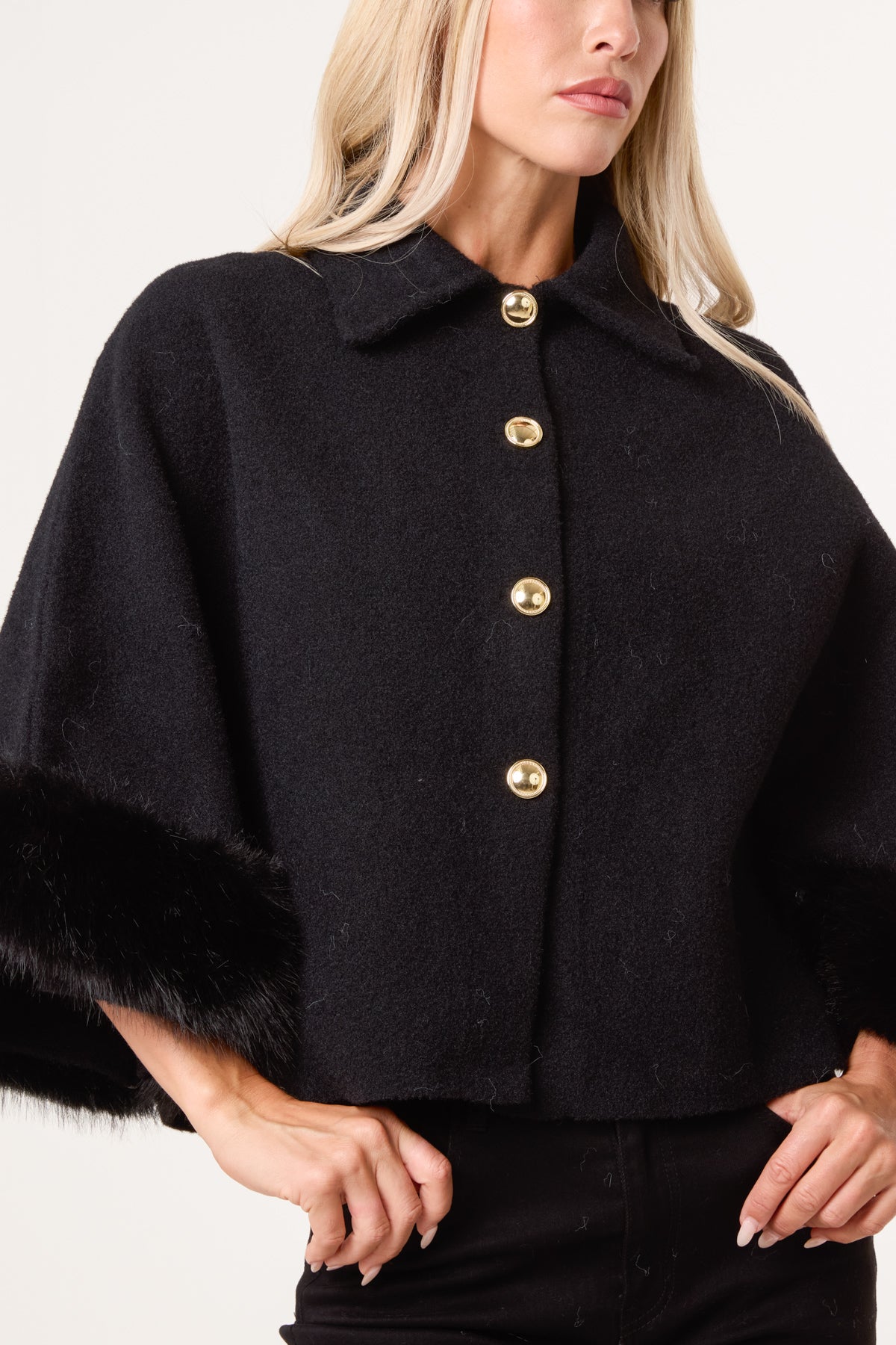 Golden Buttons Faux Fur Cape