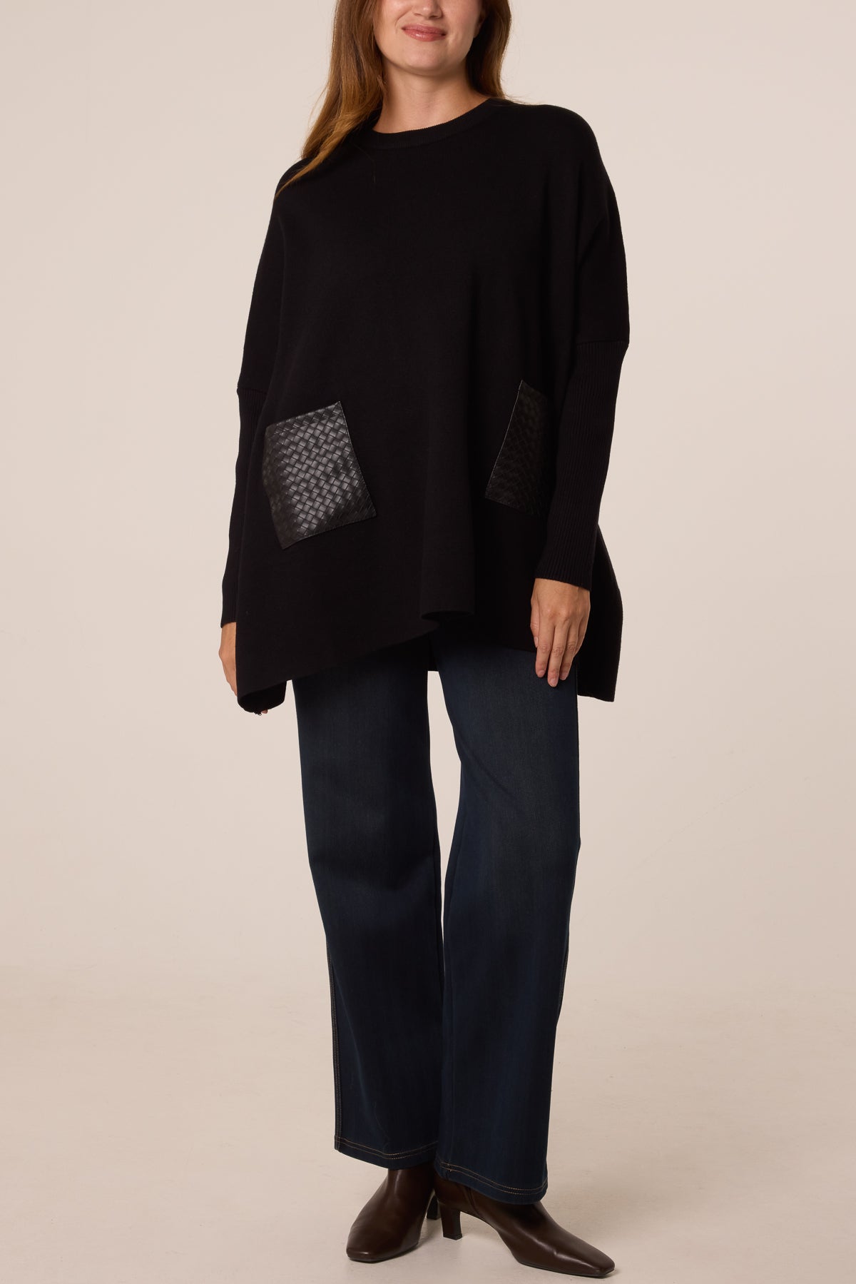 Textured PU Front Pockets Knit Jumper