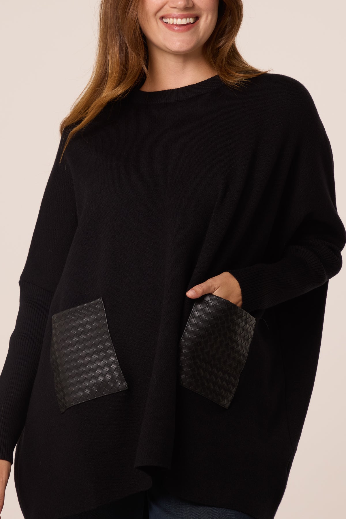 Textured PU Front Pockets Knit Jumper