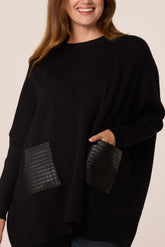 Textured PU Front Pockets Knit Jumper