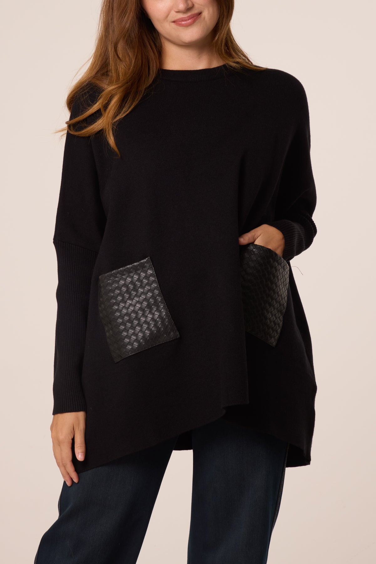 Textured PU Front Pockets Knit Jumper