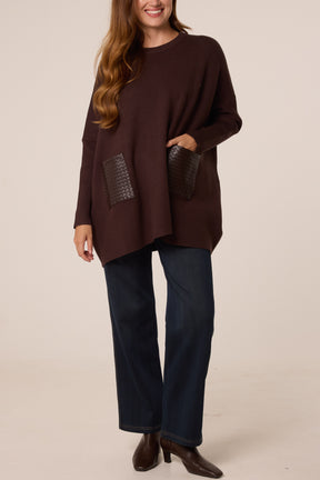 Textured PU Front Pockets Knit Jumper