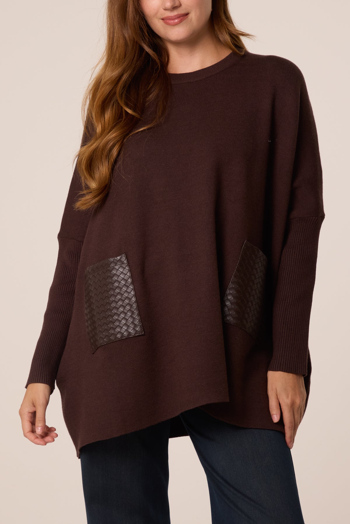 Textured PU Front Pockets Knit Jumper