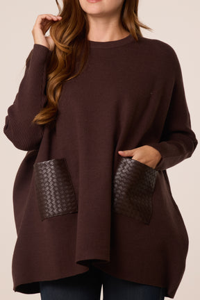 Textured PU Front Pockets Knit Jumper