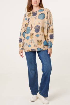 Owl & Woodland Tree Print Jumper