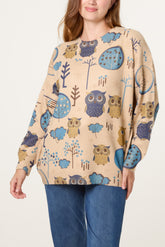Owl & Woodland Tree Print Jumper