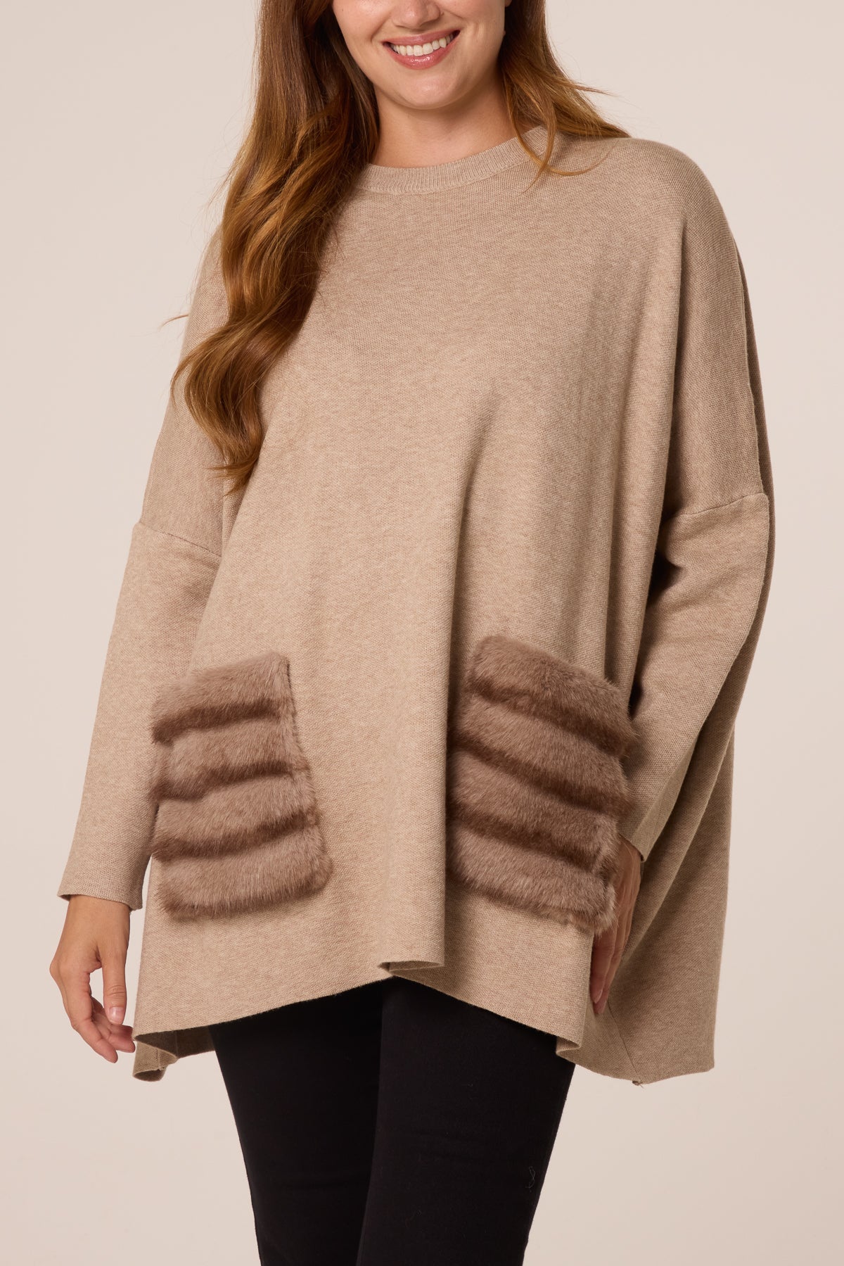 Fauxfur Front Pockets Knit Jumper