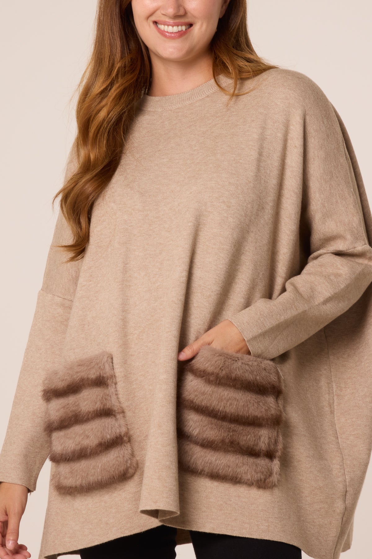 Fauxfur Front Pockets Knit Jumper