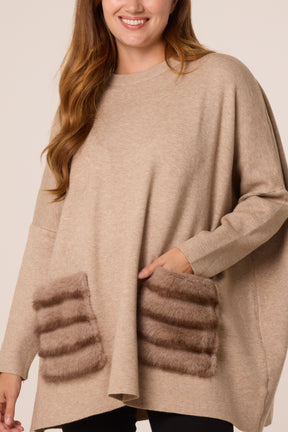 Fauxfur Front Pockets Knit Jumper