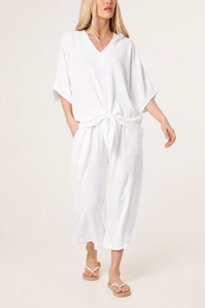 V-Neck Front Knot Top & Trousers Set