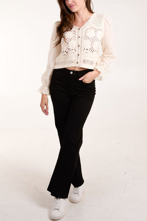 Puff Sleeve Crochet & Anglaise Button Top