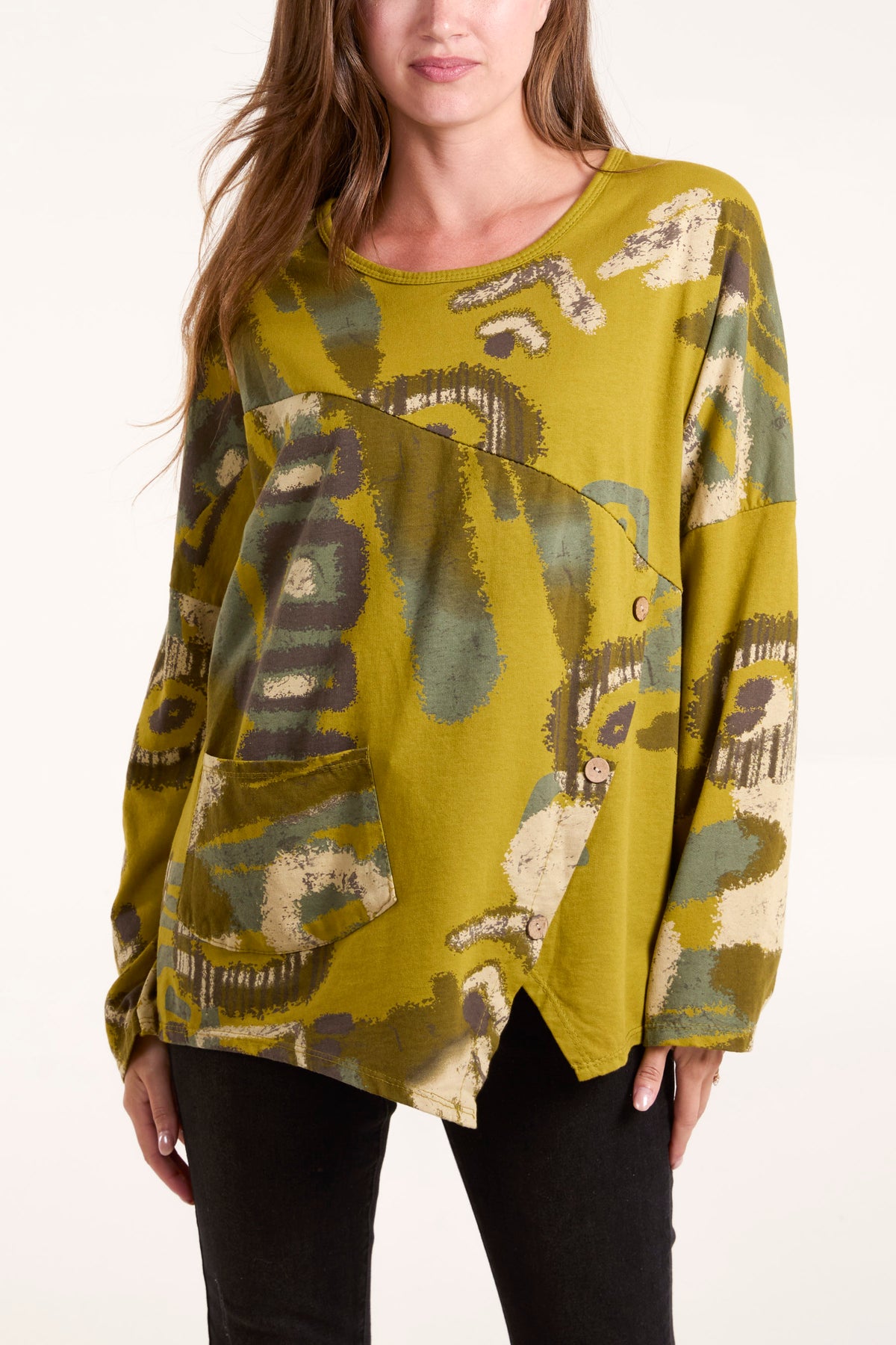 Abstract Print Pocket & Button Detail Top