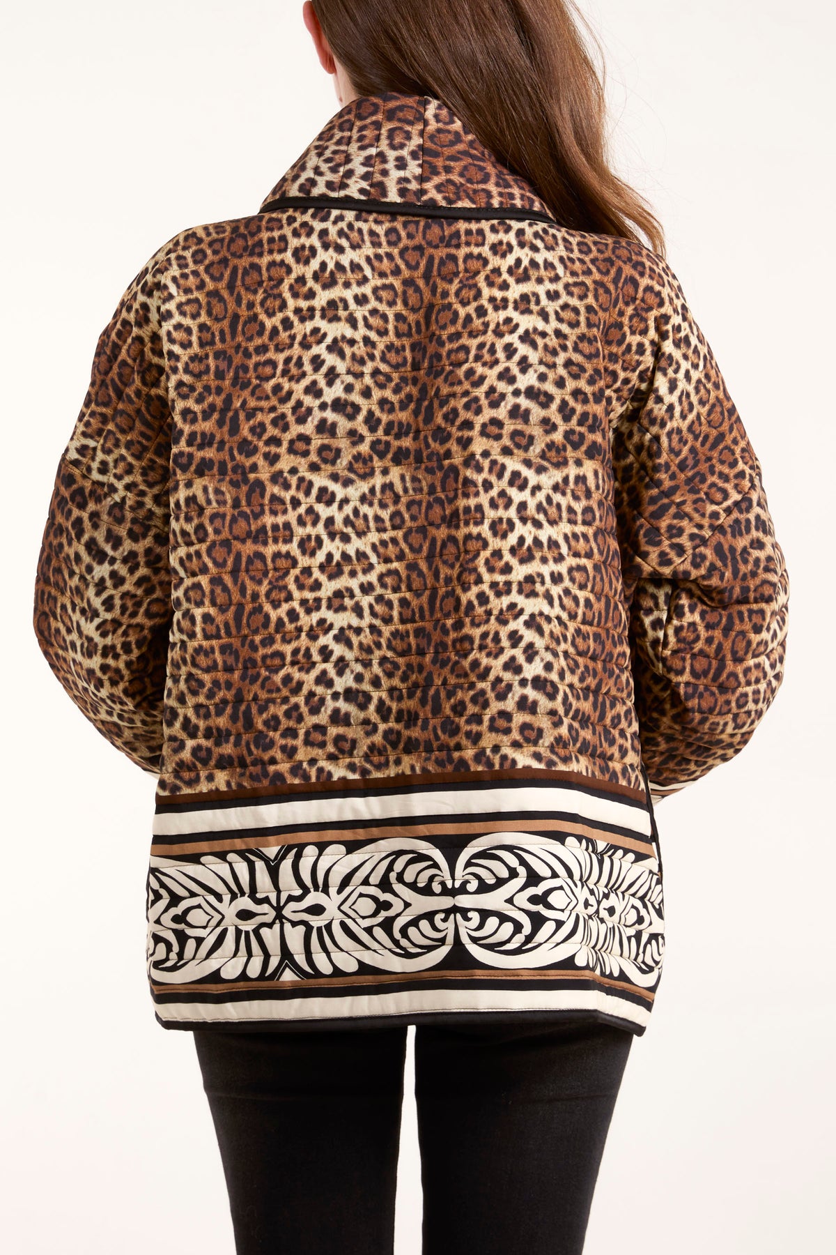 Leopard Print & Abstract Trim Padded Jacket