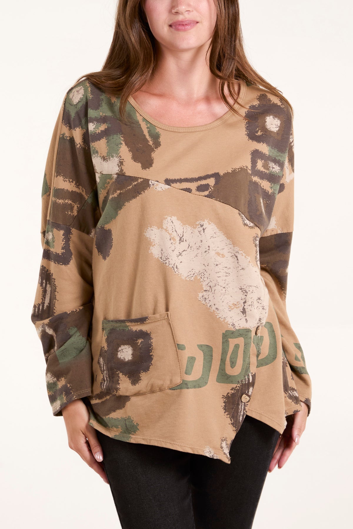 Abstract Print Pocket & Button Detail Top