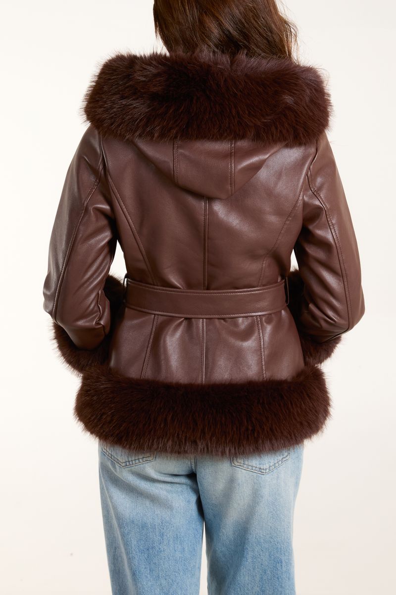 Pu & Faux Fur Zip & Belted Peplum Jacket